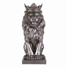 Load image into Gallery viewer, 14.5&quot; H Sitting Lion W/Crown Silver Color Resin Statue Home Decor Living Room Display
