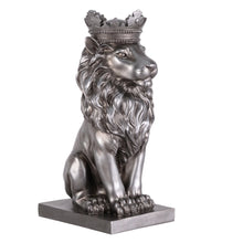 Load image into Gallery viewer, 14.5&quot; H Sitting Lion W/Crown Silver Color Resin Statue Home Decor Living Room Display
