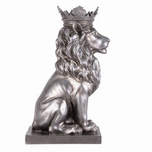 Load image into Gallery viewer, 14.5&quot; H Sitting Lion W/Crown Silver Color Resin Statue Home Decor Living Room Display
