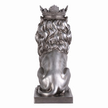 Load image into Gallery viewer, 14.5&quot; H Sitting Lion W/Crown Silver Color Resin Statue Home Decor Living Room Display
