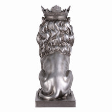 Load image into Gallery viewer, 14.5&quot; H Sitting Lion W/Crown Silver Color Resin Statue Home Decor Living Room Display
