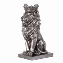 Load image into Gallery viewer, 14.5&quot; H Sitting Lion W/Crown Silver Color Resin Statue Home Decor Living Room Display

