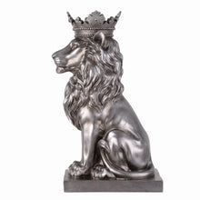 Load image into Gallery viewer, 14.5&quot; H Sitting Lion W/Crown Silver Color Resin Statue Home Decor Living Room Display
