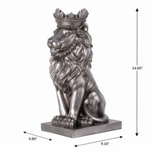Load image into Gallery viewer, 14.5&quot; H Sitting Lion W/Crown Silver Color Resin Statue Home Decor Living Room Display
