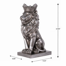 Load image into Gallery viewer, 14.5&quot; H Sitting Lion W/Crown Silver Color Resin Statue Home Decor Living Room Display

