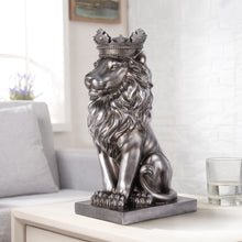 Load image into Gallery viewer, 14.5&quot; H Sitting Lion W/Crown Silver Color Resin Statue Home Decor Living Room Display
