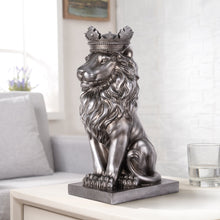 Load image into Gallery viewer, 14.5&quot; H Sitting Lion W/Crown Silver Color Resin Statue Home Decor Living Room Display
