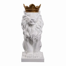 Load image into Gallery viewer, 14.5&quot; H White Sitting Lion W/ Gold Crown Resin Statue Home Decor Living Room Display
