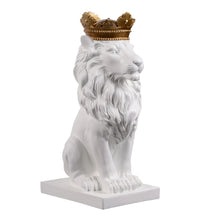 Load image into Gallery viewer, 14.5&quot; H White Sitting Lion W/ Gold Crown Resin Statue Home Decor Living Room Display
