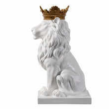Load image into Gallery viewer, 14.5&quot; H White Sitting Lion W/ Gold Crown Resin Statue Home Decor Living Room Display
