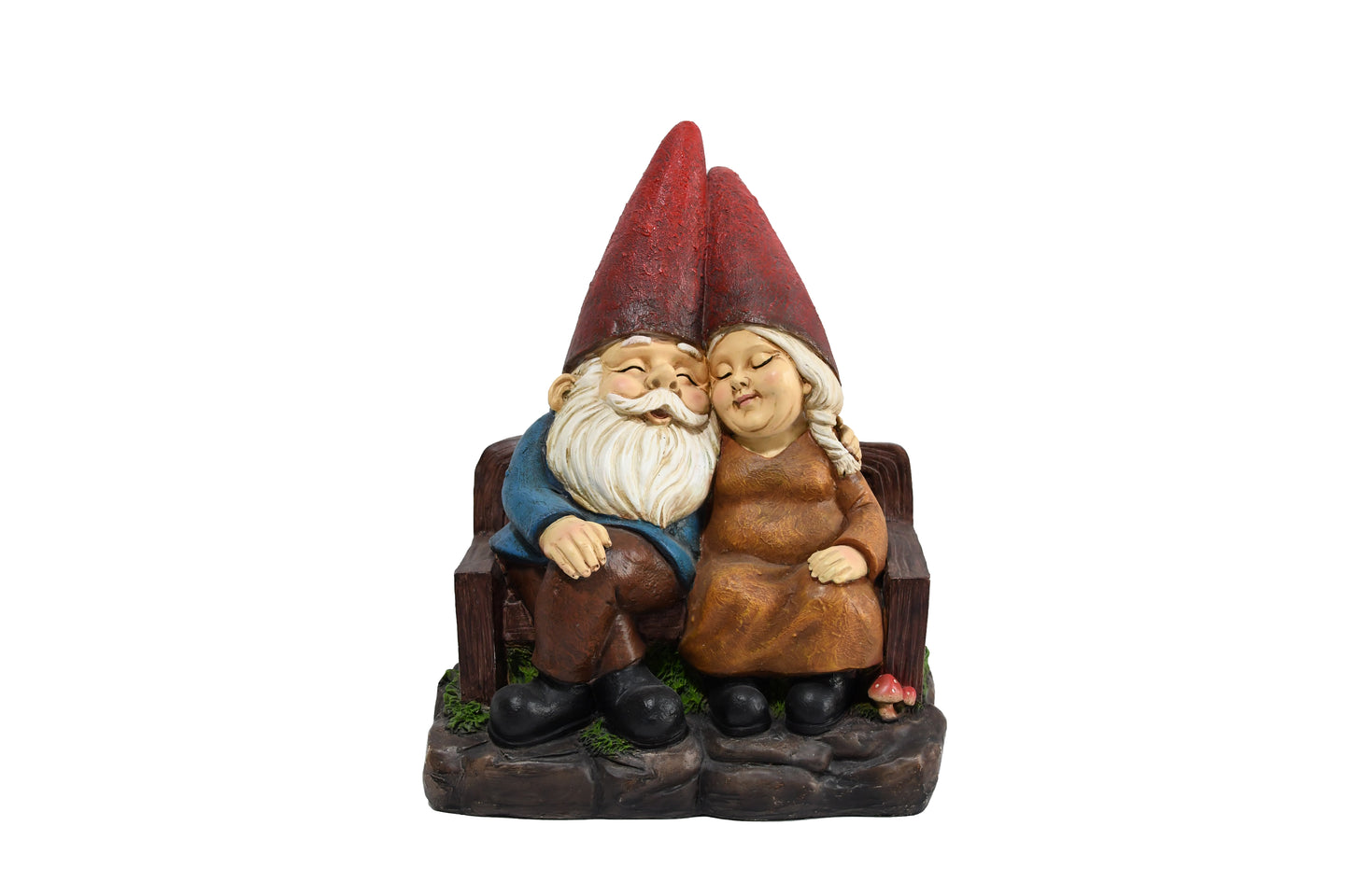 Whimsical Serenity: Robert & Sofia Gnome Couple on Bench, Eyes Closed in Love