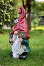 Load image into Gallery viewer, Medium Size Gardener Gnome Statue Holding Home Sign
