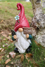 Load image into Gallery viewer, Medium Size Gardener Gnome Statue Holding Home Sign
