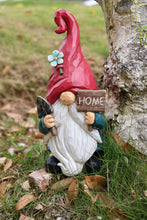 Load image into Gallery viewer, Medium Size Gardener Gnome Statue Holding Home Sign
