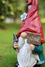 Load image into Gallery viewer, Medium Size Gardener Gnome Statue Holding Home Sign
