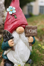 Load image into Gallery viewer, Medium Size Gardener Gnome Statue Holding Home Sign
