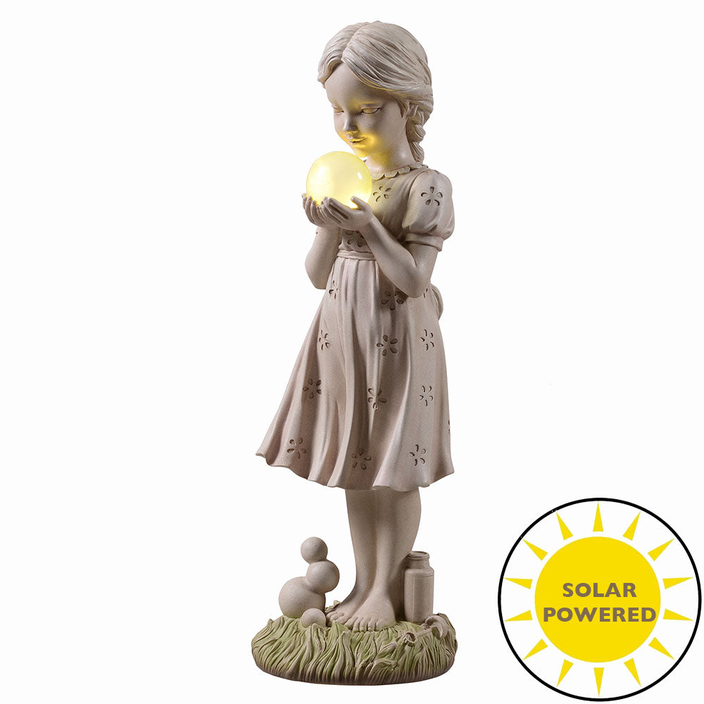 Girl Holding Bubble Lighted Garden Statue Solar Powered LEDs