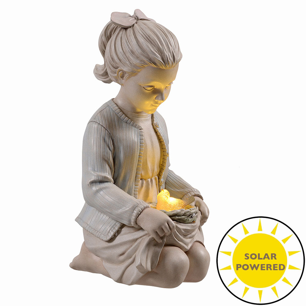 Sitting Girl W/ Bird Nest Lighted Garden Statue Solar Powered LEDs