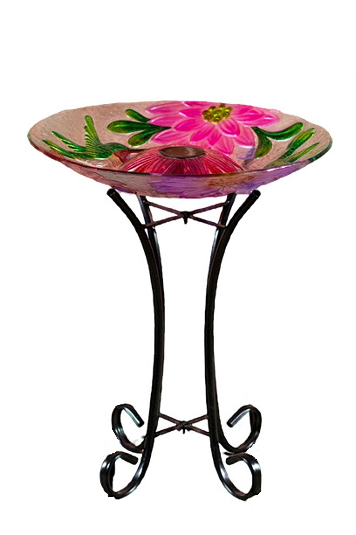 Solar Floral Glass Hummingbird Bath with Stand