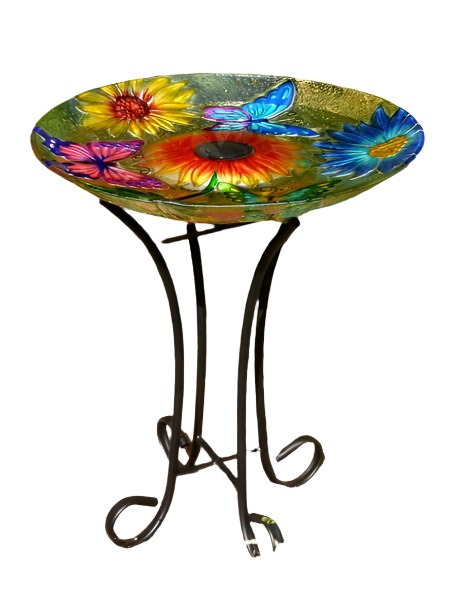 Solar Floral Glass Butterfly Bird Bath with Stand