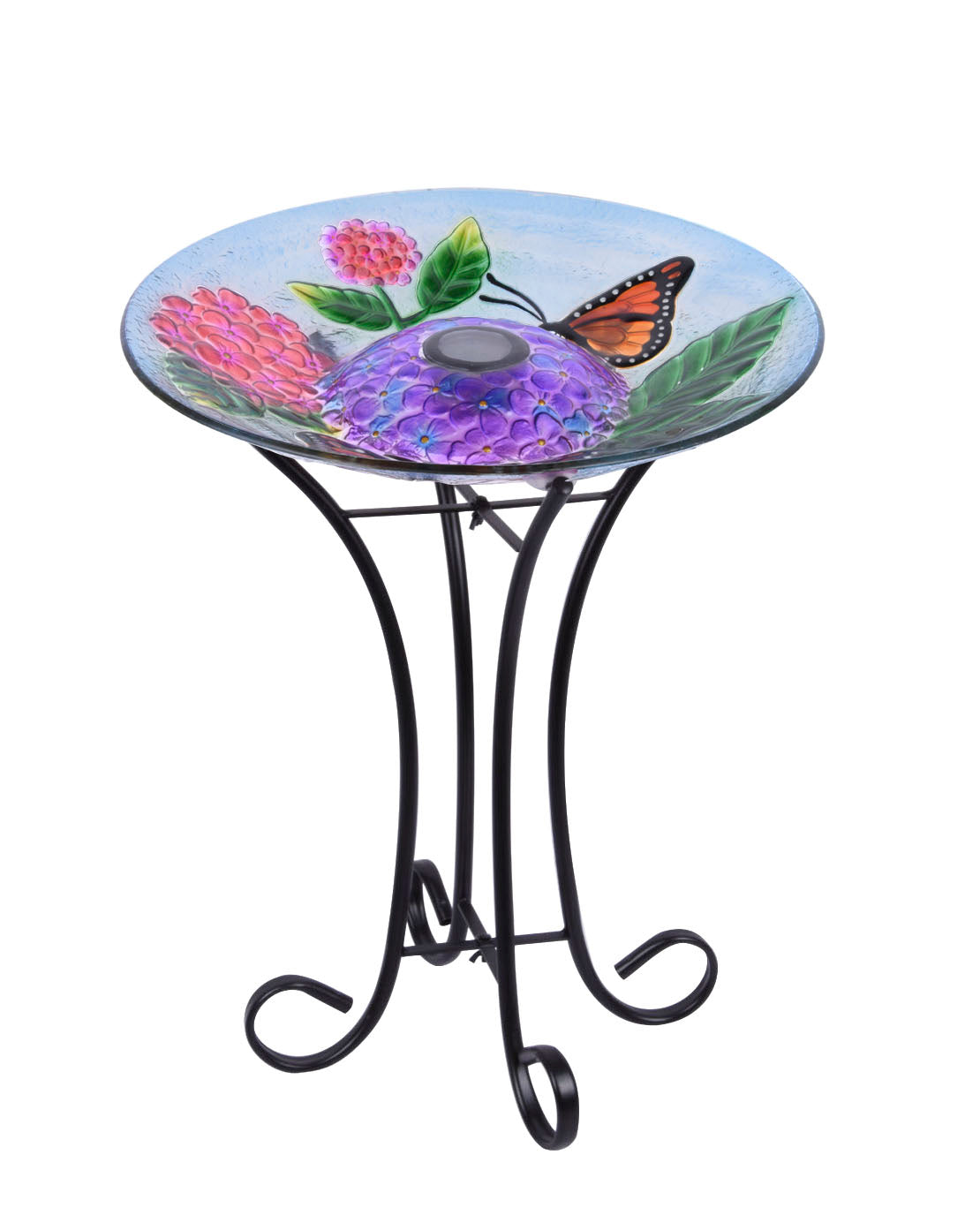 Solar LED Floral Glass Butterfly Bird Bath with Stand