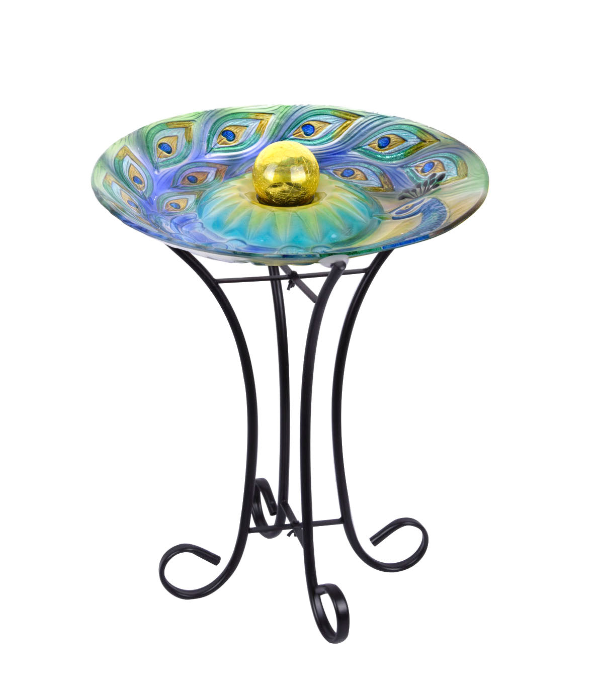 Solar Orb Peacock Glass Bird Bath with Stand