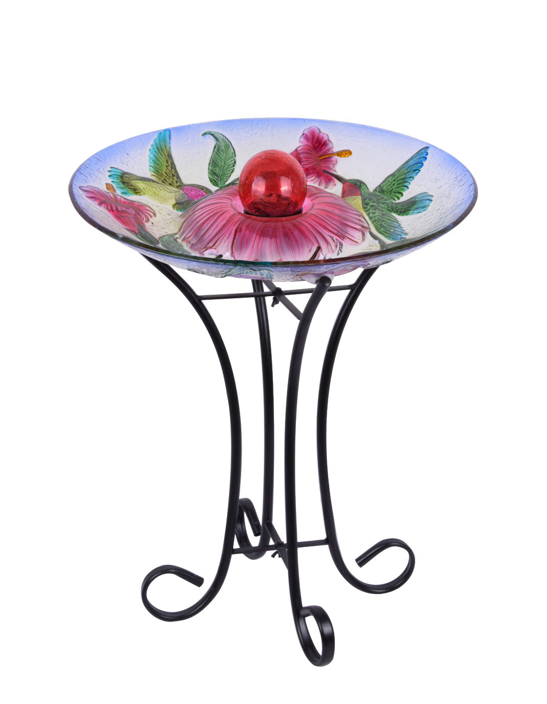 Solar Orb Floral Glass Hummingbird Bird Bath with Stand