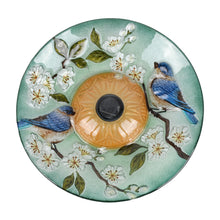 Load image into Gallery viewer, Solar LED Floral Glass Bird Bath with Stand - Blue Bird &amp; Peach Blossom

