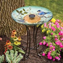 Load image into Gallery viewer, Solar LED Floral Glass Bird Bath with Stand - Blue Bird &amp; Peach Blossom
