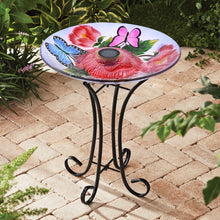 Load image into Gallery viewer, Solar LED Floral Glass Bird Bath with Stand - Butterflies &amp; Peonies

