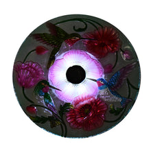 Load image into Gallery viewer, Solar LED Floral Glass Bird Bath with Stand - Hummingbird &amp; Poppies
