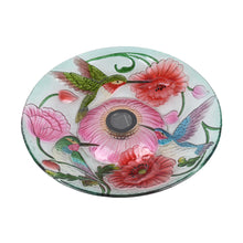 Load image into Gallery viewer, Solar LED Floral Glass Bird Bath with Stand - Hummingbird &amp; Poppies
