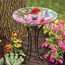 Load image into Gallery viewer, Solar LED Floral Glass Bird Bath with Stand - Hummingbird &amp; Poppies
