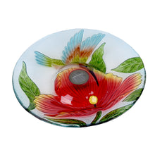 Load image into Gallery viewer, Solar LED Floral Glass Bird Bath with Stand - Hummingbird &amp; Large Poppy
