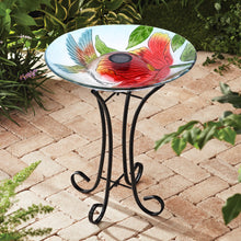 Load image into Gallery viewer, Solar LED Floral Glass Bird Bath with Stand - Hummingbird &amp; Large Poppy
