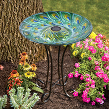 Load image into Gallery viewer, Solar Glass Turquoise Peacock Feathers Bird Bath with Stand

