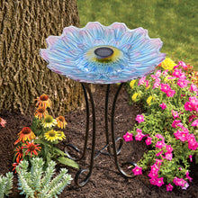 Load image into Gallery viewer, Solar LED Floral Glass Bird Bath with Stand - Purple &amp; Purple Dahlia
