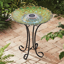 Load image into Gallery viewer, Solar Peacock Green Geometric Glass Bird Bath with Stand
