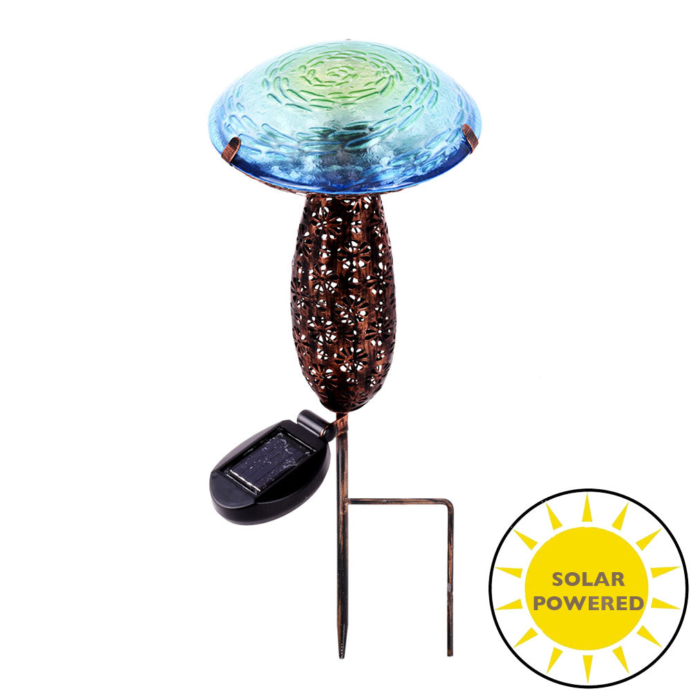 Metal And Glass Solar Mushroom Stake with LED - Blue
