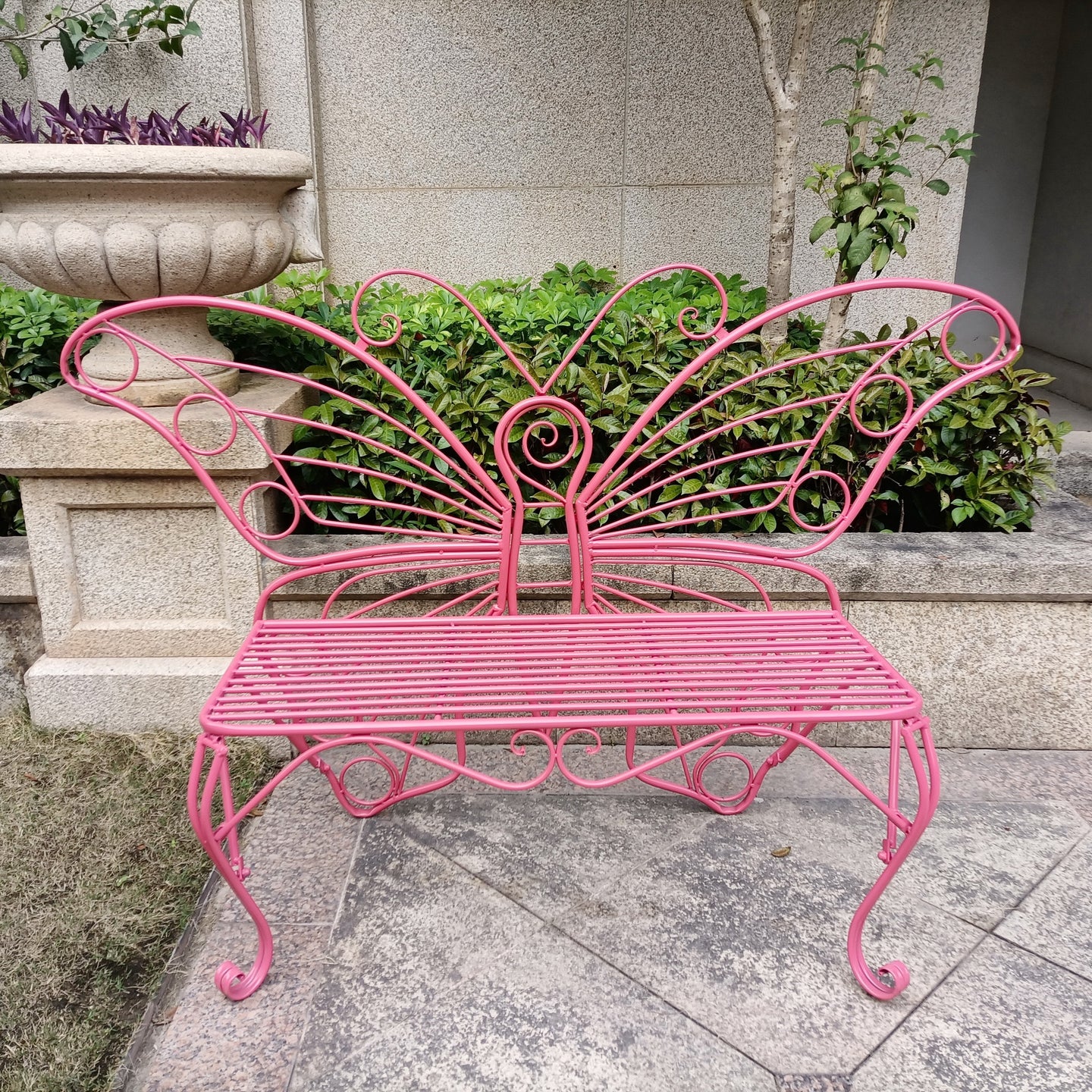 78620-PK - Pink Metal Butterfly Bench: Enchanting Outdoor Charm