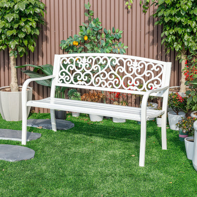 78661-B-WT -  Harmony in White- Steel and Cast Iron Garden Bench for Outdoor Serenity HI-LINE GIFT