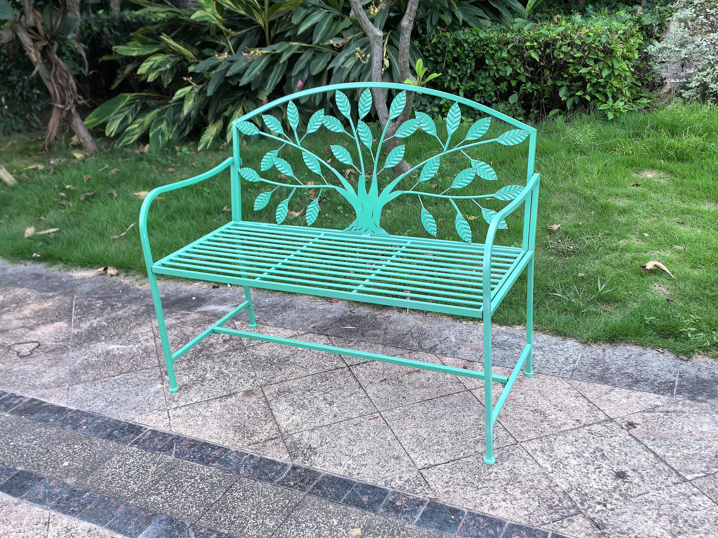 Blue Metal Garden Bench Tree Pattern