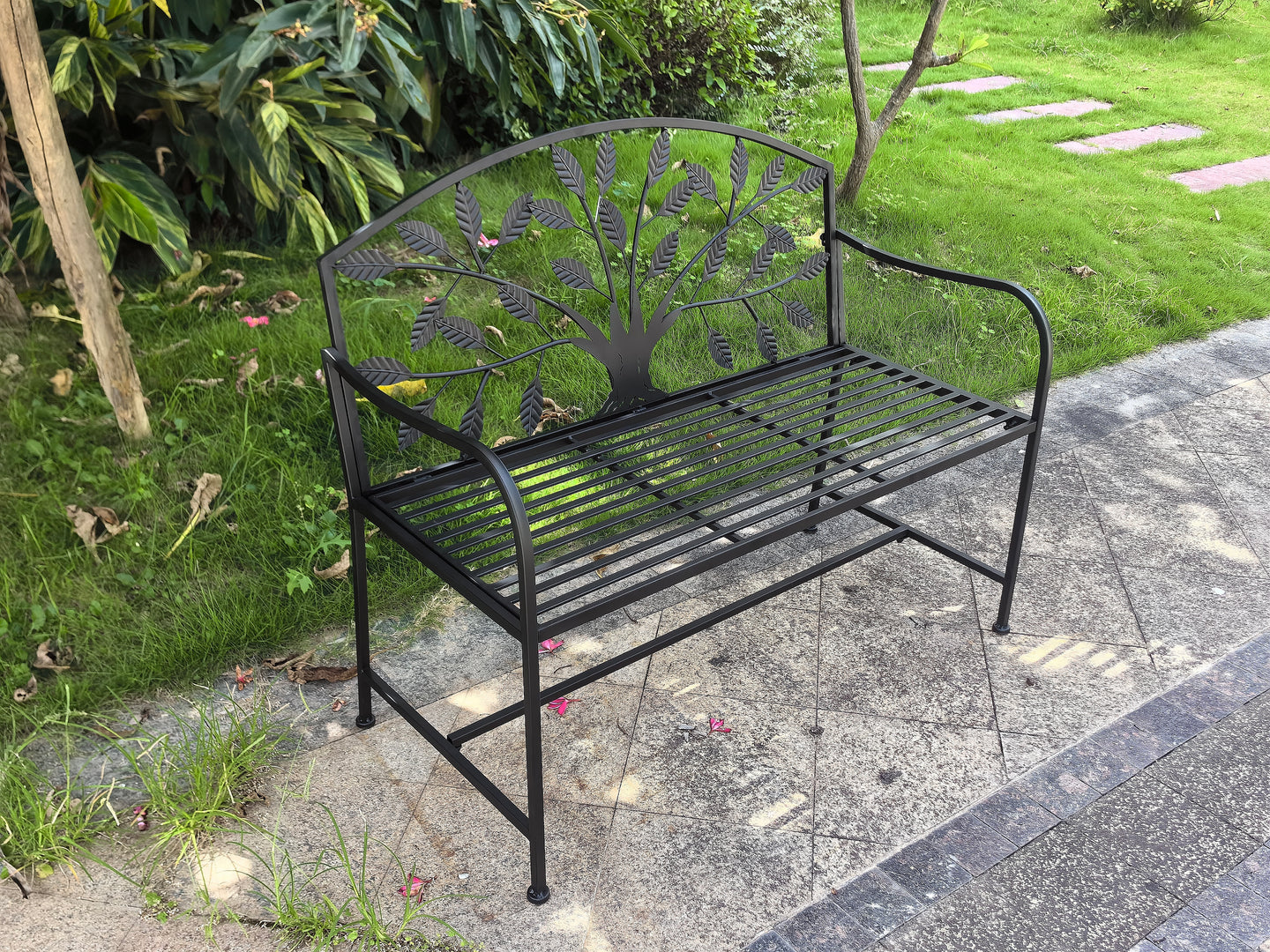 Metal Garden Bench Tree Pattern-Black