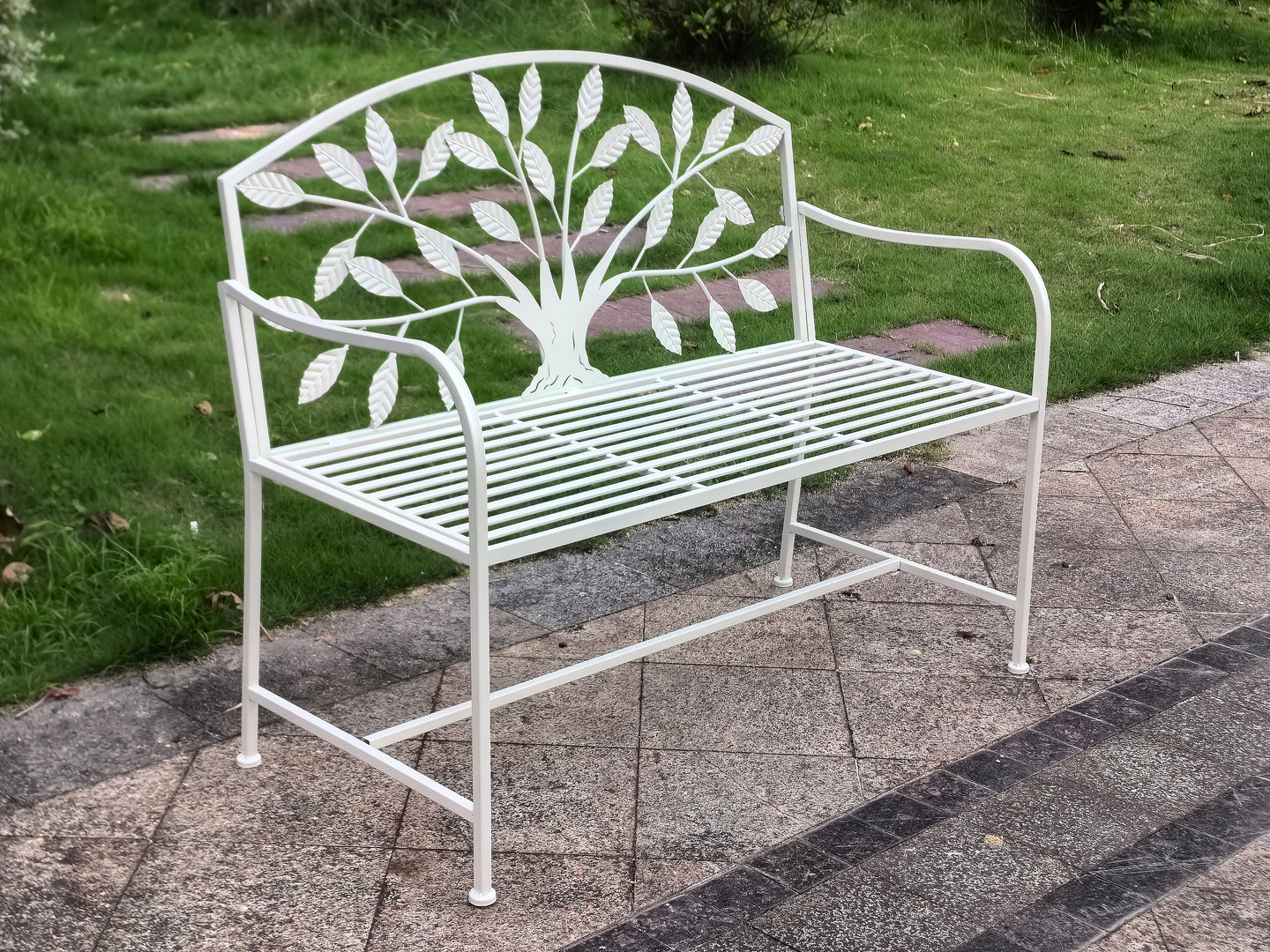 Metal Garden Bench Tree Pattern-White