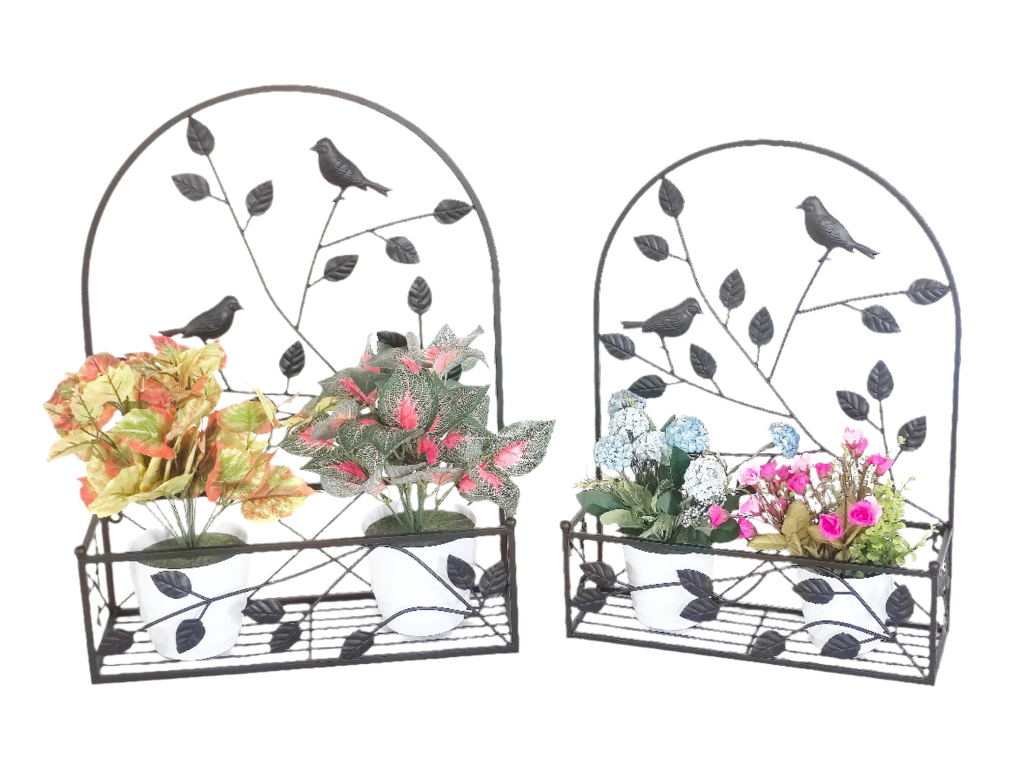 Black Metal Hanging Plant Holder 2 Pcs Set Outdoor Wall Decor