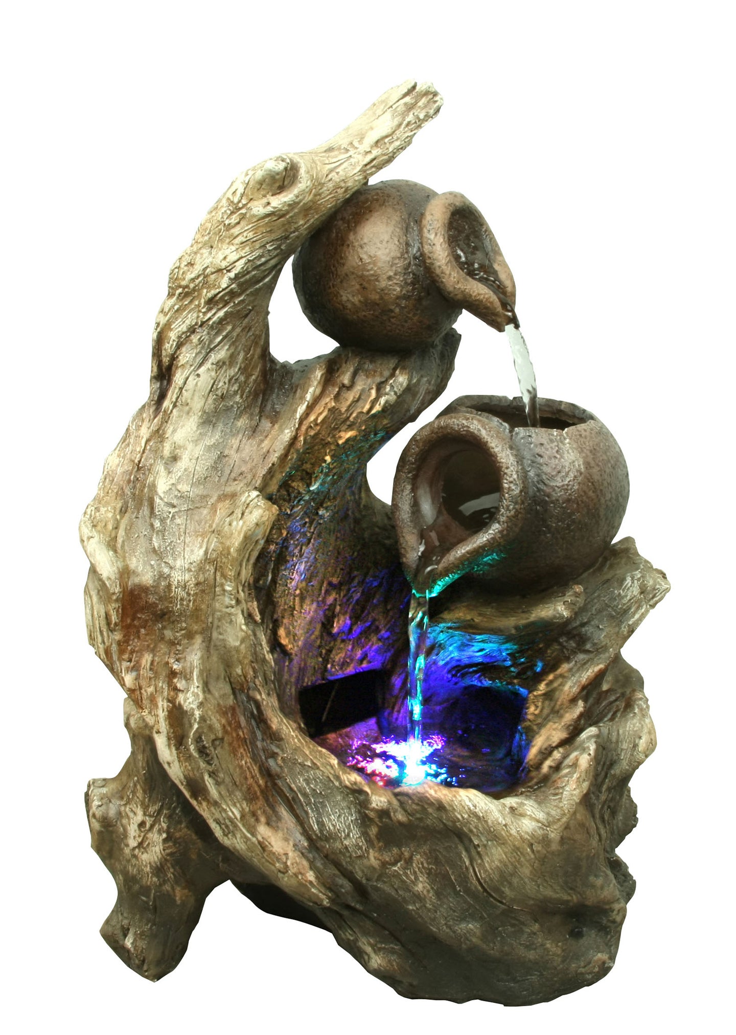 2 Jugs & Tree Trunk Fountain W/RGB LED