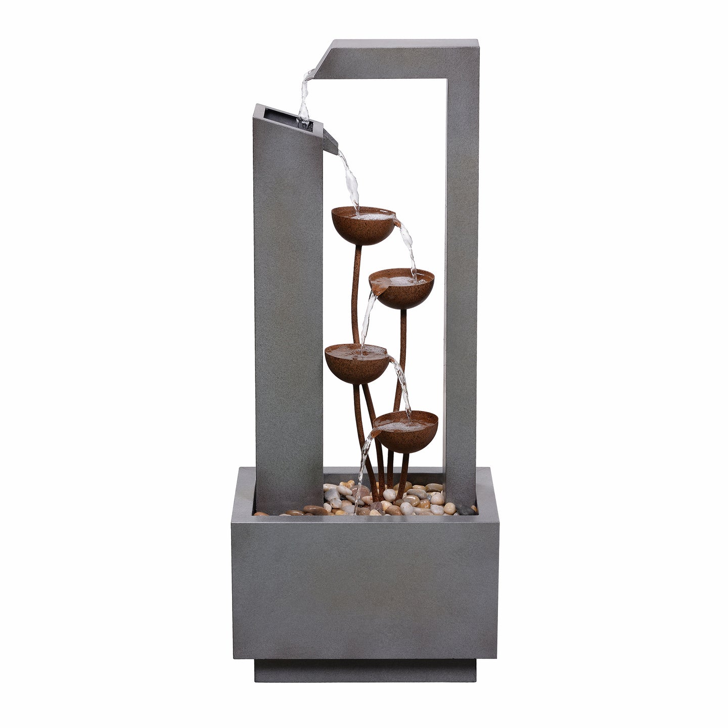 Steel Cups Fountain with Pump and River Stones - Outdoor
