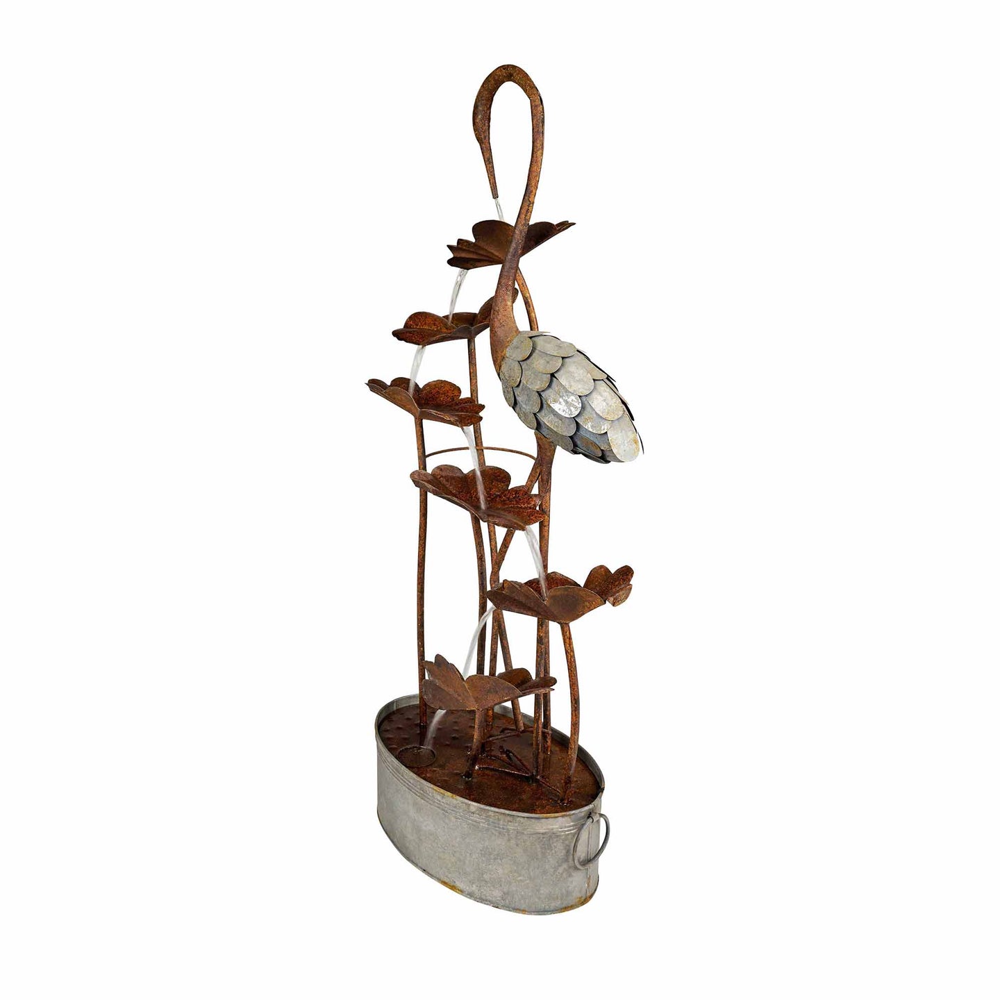 Metal Crane W/Leaves In Pail Fountain