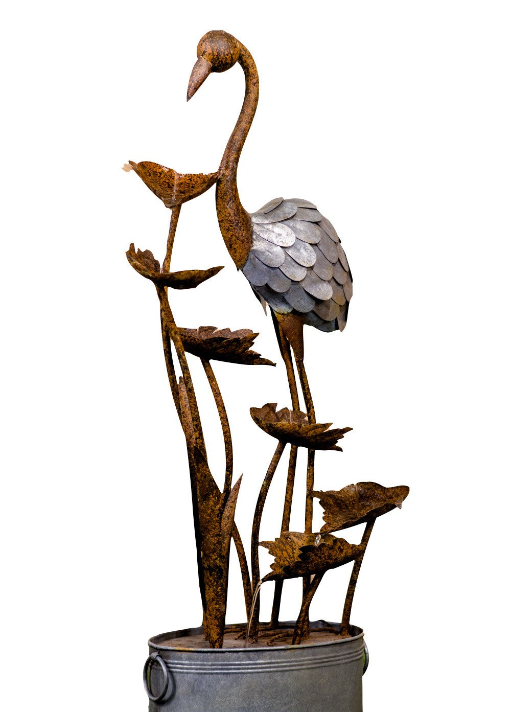 Metal Flamingo W/Leaves In Pail Fountain