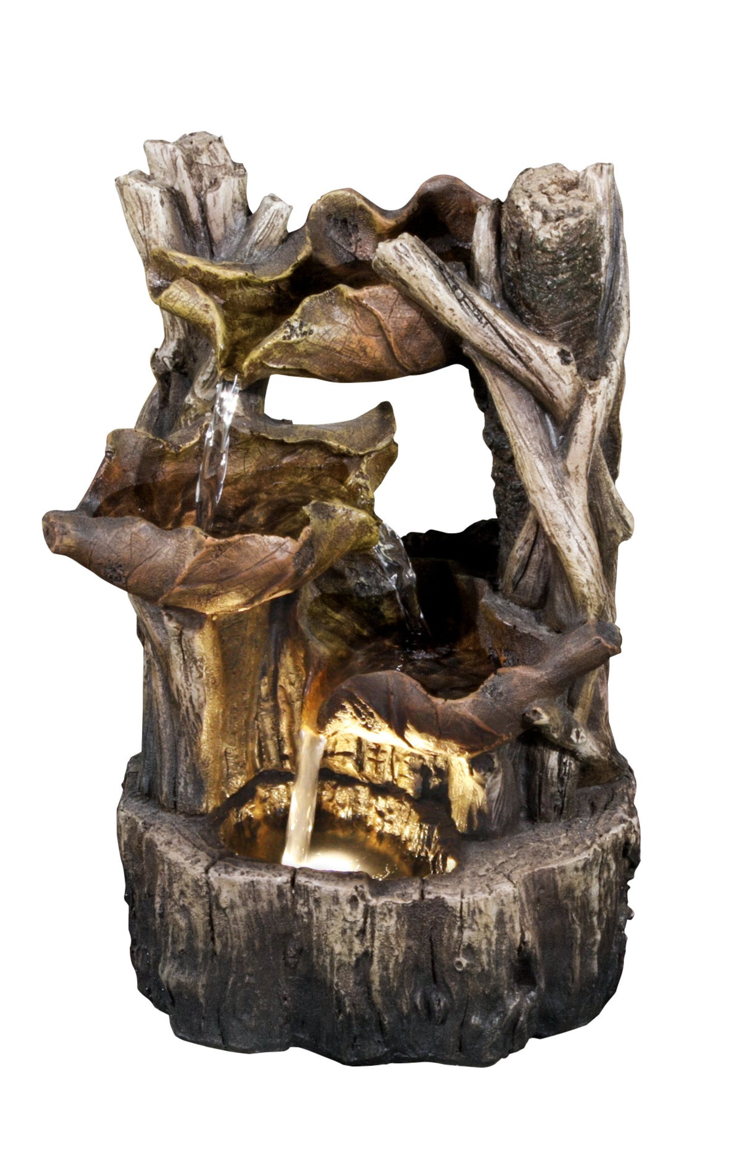 Tree Trunk Fountain W/3 Leaves & LED